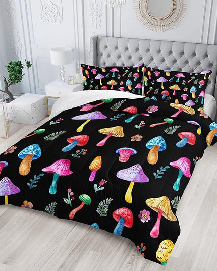 Colorful Mushroom Comforter Set Twin Size Kids Mushroom Flora Bedding Set Botanical Plant Theme Print Quilt Bed Set for Boys Girls Adults with 1 Comforter and 2 Pillowcases - LeafyLoom
