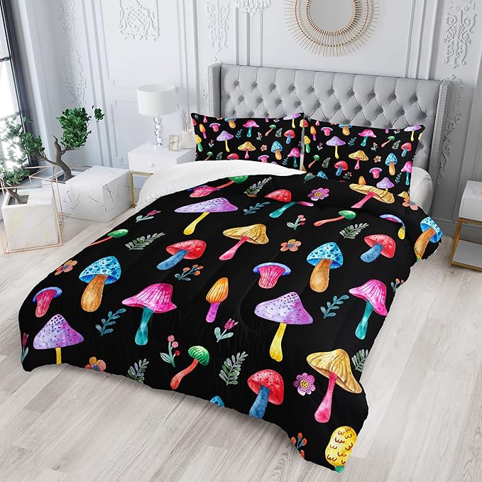 Colorful Mushroom Comforter Set Full Size Kids Mushroom Flora Bedding Set Botanical Plant Theme Print Quilt Bed Set for Boys Girls Adults with 1 Comforter and 2 Pillowcases - LeafyLoom