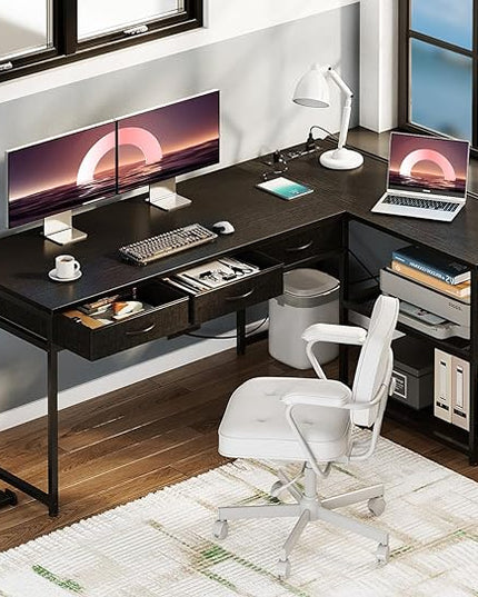 AODK 61 Inch L Shaped Computer Desk with Drawers, Corner Desk with Power Outlets & Reversible Storage Shelves, Movable CPU Stand for Home Office Gaming, Black - LeafyLoom
