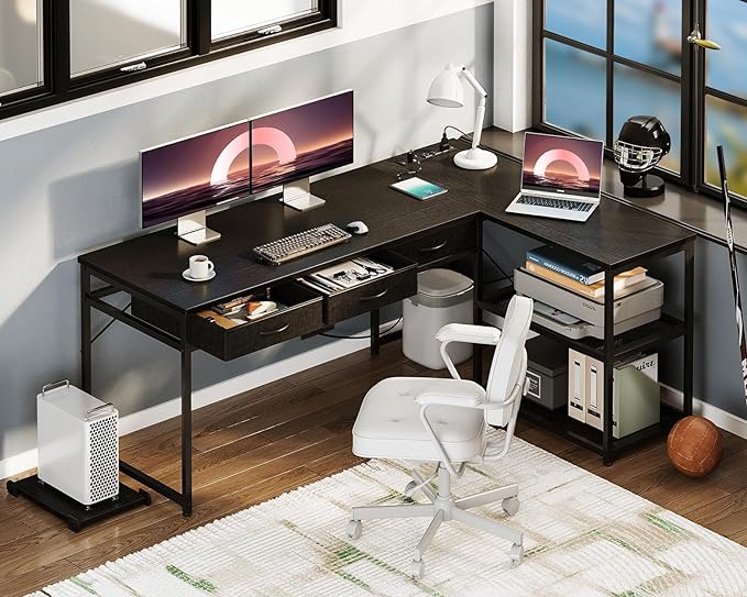 AODK 61 Inch L Shaped Computer Desk with Drawers, Corner Desk with Power Outlets & Reversible Storage Shelves, Movable CPU Stand for Home Office Gaming, Black - LeafyLoom