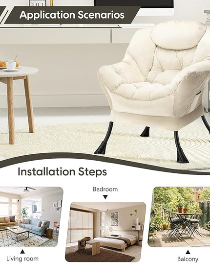 Fabric Lazy Chair Large Accent Chair,Velvet Frabic Modern Lounge Reading Chair with Armrests & Side Pocket,Upholstered Armchair for Living Room,Bedroom,Dorm,Beige - LeafyLoom