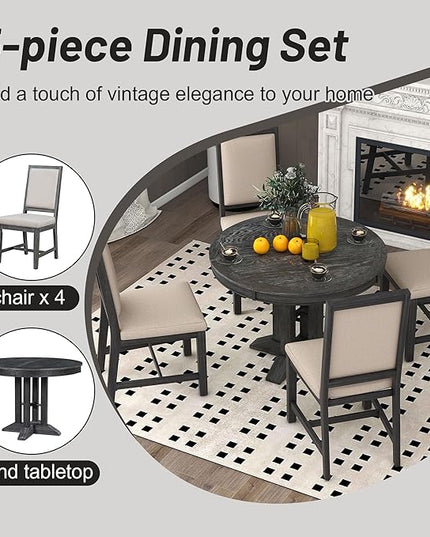 NicBex Small Kitchen Table Set for 4 Round Dining Table Farmhouse Dining Set 5-Piece Dining Set Extendable Round Table and 4 Upholstered Chairs for Kitchen, Black - LeafyLoom