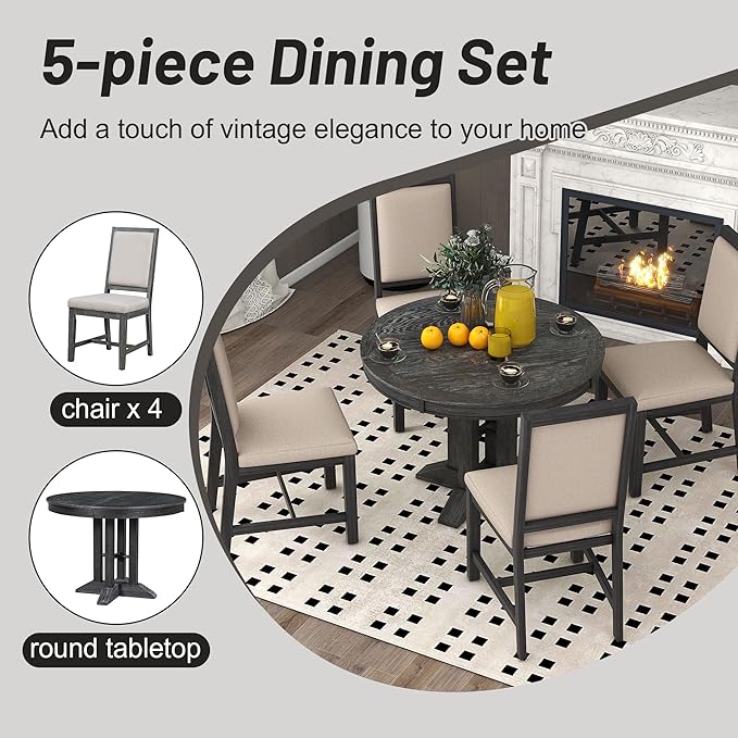 NicBex Small Kitchen Table Set for 4 Round Dining Table Farmhouse Dining Set 5-Piece Dining Set Extendable Round Table and 4 Upholstered Chairs for Kitchen, Black - LeafyLoom