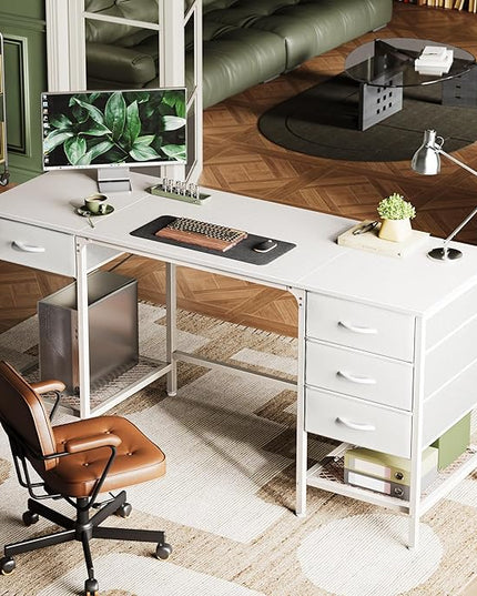 63 Inch Computer Desk with 4 Drawers, Office Desk with Mesh Shelf, Gaming Desk, Large Storage, Writing Desk Work Desk for Home Office, Study, Bedroom, Work from Home, White - LeafyLoom