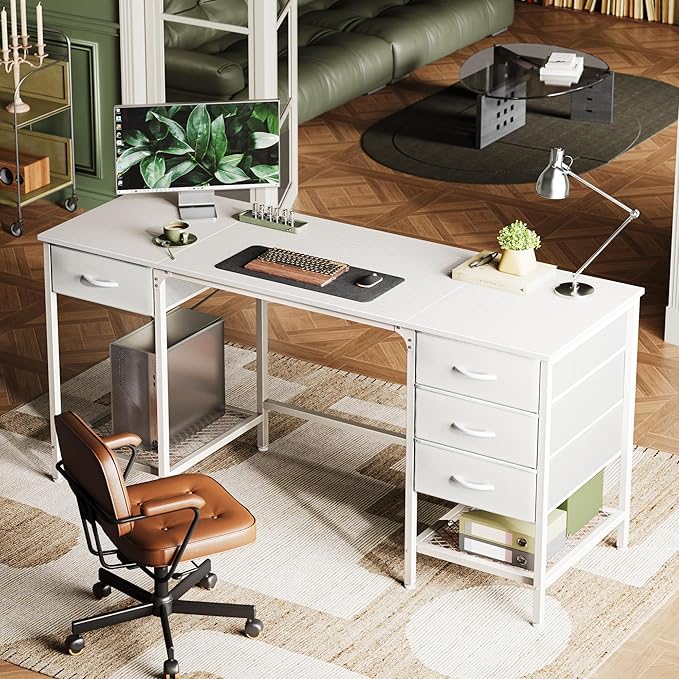 63 Inch Computer Desk with 4 Drawers, Office Desk with Mesh Shelf, Gaming Desk, Large Storage, Writing Desk Work Desk for Home Office, Study, Bedroom, Work from Home, White - LeafyLoom