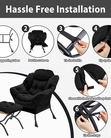 Lazy Chair with Folding Ottoman, Accent Chair Velvet Upholstered with Metal Structure and Non-Slip Pads, Sofa Armchair with Footrest and Side Storage Bag for Dorm, Room, Office, Black - LeafyLoom