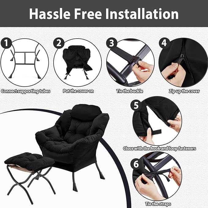 Lazy Chair with Folding Ottoman, Accent Chair Velvet Upholstered with Metal Structure and Non-Slip Pads, Sofa Armchair with Footrest and Side Storage Bag for Dorm, Room, Office, Black - LeafyLoom