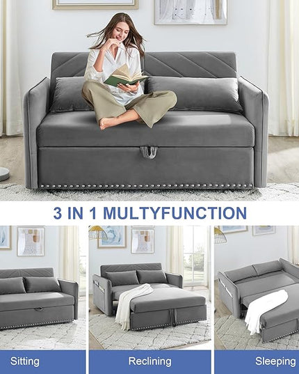 New model 3-in-1 Sleeper USB Port Adjustable Velvet Convertible Sofa with Pull Out Bed, 2 Pillows & Side Pocket – Ideal for Living Room and Bedroom, Grey - LeafyLoom