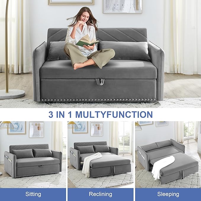 New model 3-in-1 Sleeper USB Port Adjustable Velvet Convertible Sofa with Pull Out Bed, 2 Pillows & Side Pocket – Ideal for Living Room and Bedroom, Grey - LeafyLoom