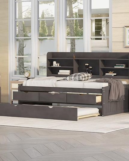 Twin Size Captain Bed with 3 Storage Drawers and Trundle, Wood Twin Bed Frame with Built-in Bookshelves for Kids Teens Adults, Antique Gray - LeafyLoom