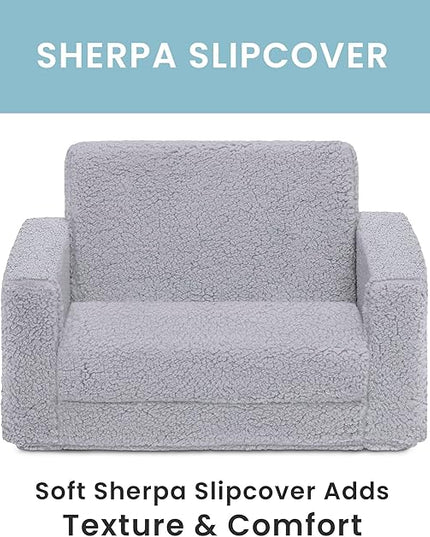 Delta Children Cozee Flip-Out Sherpa 2-in-1 Convertible Chair to Lounger for Kids, Grey - LeafyLoom