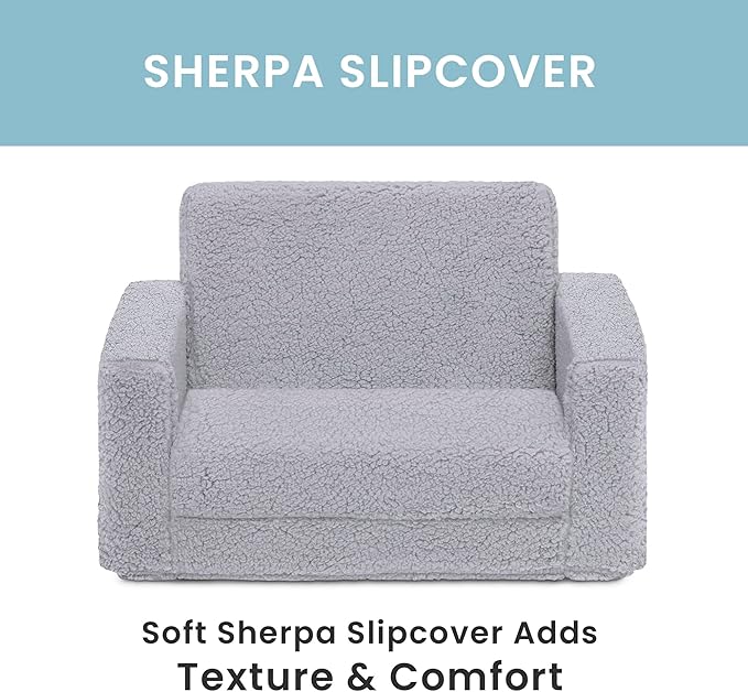 Delta Children Cozee Flip-Out Sherpa 2-in-1 Convertible Chair to Lounger for Kids, Grey - LeafyLoom