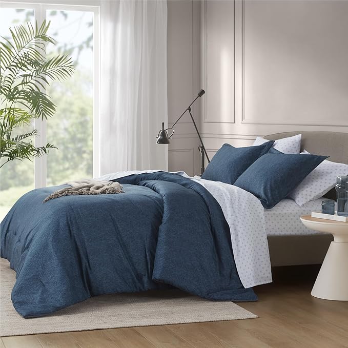 Blue King Comforter Set - Navy Soft Luxury Chambray Printed, All Season Lightweight Breathable Bedding Set, 3 Pieces Including 1 Comforter and 2 Pillow Shams - LeafyLoom