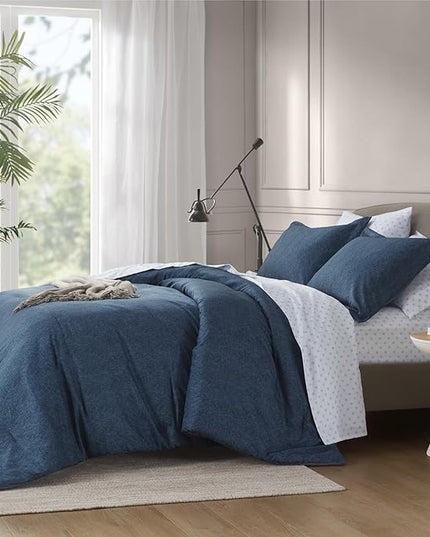 Blue Queen Comforter Set - Navy Soft Luxury Chambray Printed, All Season Lightweight Breathable Bedding Set, 3 Pieces Including 1 Comforter and 2 Pillow Shams - LeafyLoom