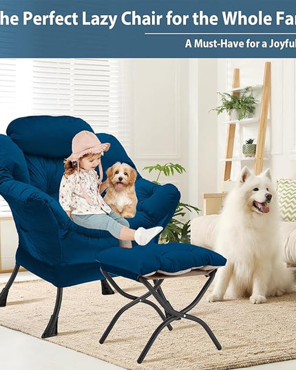 Lazy Chair with Folding Ottoman, Accent Chair Velvet Upholstered with Metal Structure and Non-Slip Pads, Sofa Armchair with Footrest and Side Storage Bag for Dorm, Room, Office, Blue - LeafyLoom