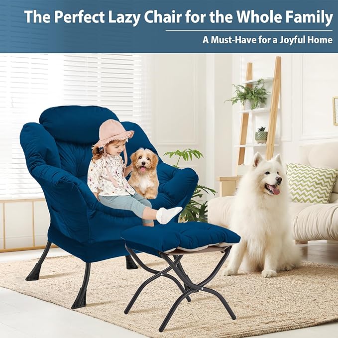 Lazy Chair with Folding Ottoman, Accent Chair Velvet Upholstered with Metal Structure and Non-Slip Pads, Sofa Armchair with Footrest and Side Storage Bag for Dorm, Room, Office, Blue - LeafyLoom