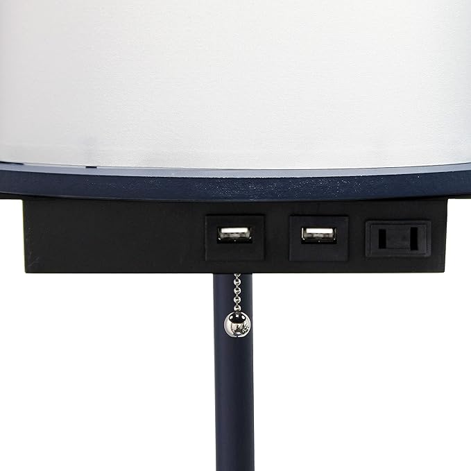 Simple Designs LF2010-NAV 62.5" Round Modern Shelf Etagere Organizer Storage Floor Lamp with 2 USB Charging Ports, 1 Charging Outlet and Linen Shade for Living Room Bedroom Office, Navy - LeafyLoom