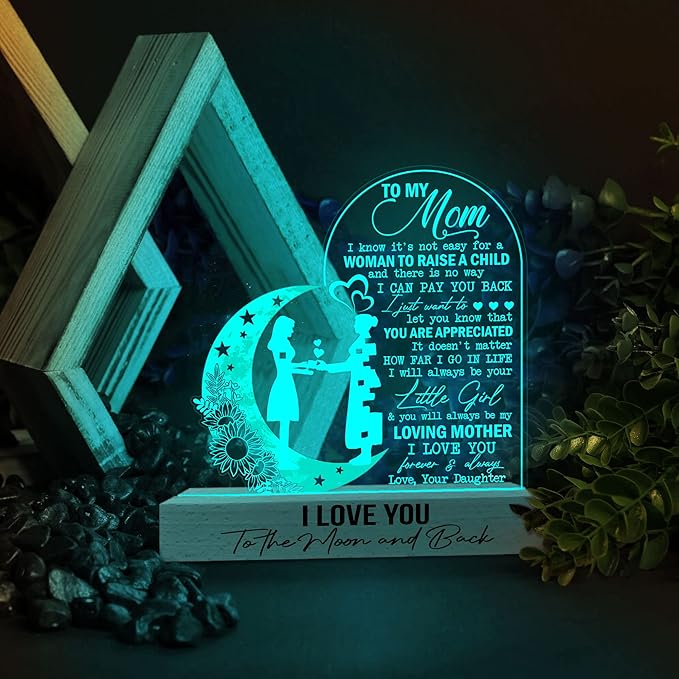 Mom 3D Illusion Lamp w/Wooden Base USB Powered, Mom Acrylic Night Light, to My Mom Gift from Son Kids, Bonus Mom Stepmom Gift, Lamp Present for Mom Mother, Gift for Birthday Mothers Day - LeafyLoom