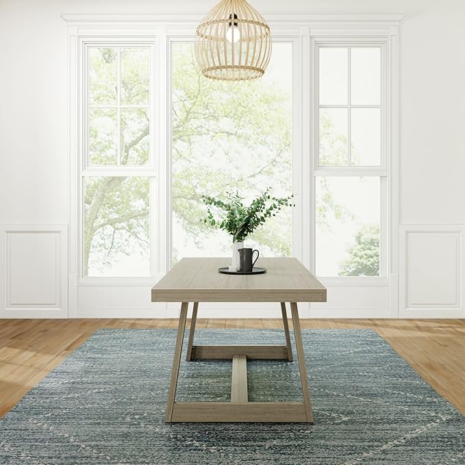 Plank+Beam 72 Inch Farmhouse Dining Table, Solid Wood Rustic Kitchen Table, Large Wooden Rectangular Dinner Table for Dining Room, Home Office, Living Room Furniture, Easy Assembly, Seashell Wirebrush - LeafyLoom