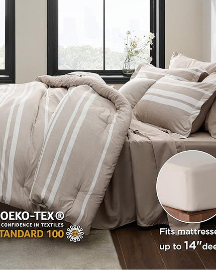 Bedsure Bed in a Bag California King Size 7 Pieces, Light Camel White Striped Bedding Comforter Sets All Season Bed Set, 2 Pillow Shams, Flat Sheet, Fitted Sheet and 2 Pillowcases - LeafyLoom