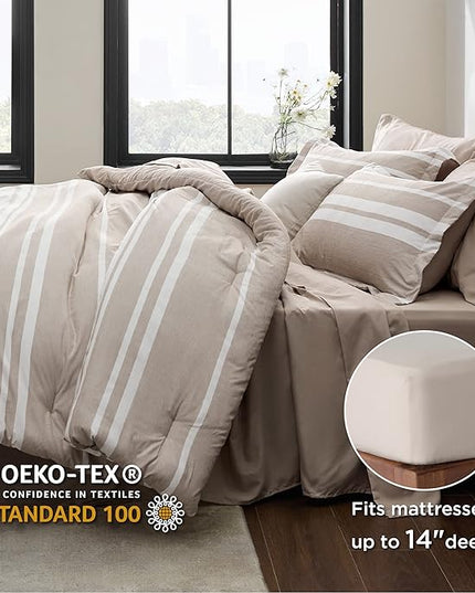 Bedsure Bed in a Bag Full Size 7 Pieces, Light Camel White Striped Bedding Comforter Sets All Season Bed Set, 2 Pillow Shams, Flat Sheet, Fitted Sheet and 2 Pillowcases - LeafyLoom