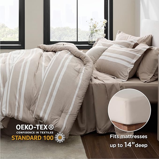 Bedsure Bed in a Bag Full Size 7 Pieces, Light Camel White Striped Bedding Comforter Sets All Season Bed Set, 2 Pillow Shams, Flat Sheet, Fitted Sheet and 2 Pillowcases - LeafyLoom