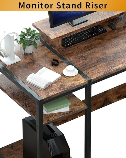 Gaming/Computer Desk - 47” Home Office Small Desk with Monitor Stand, Rustic Writing Desk for 2 Monitors, Adjustable Storage Space, Modern Design Corner Table. - LeafyLoom