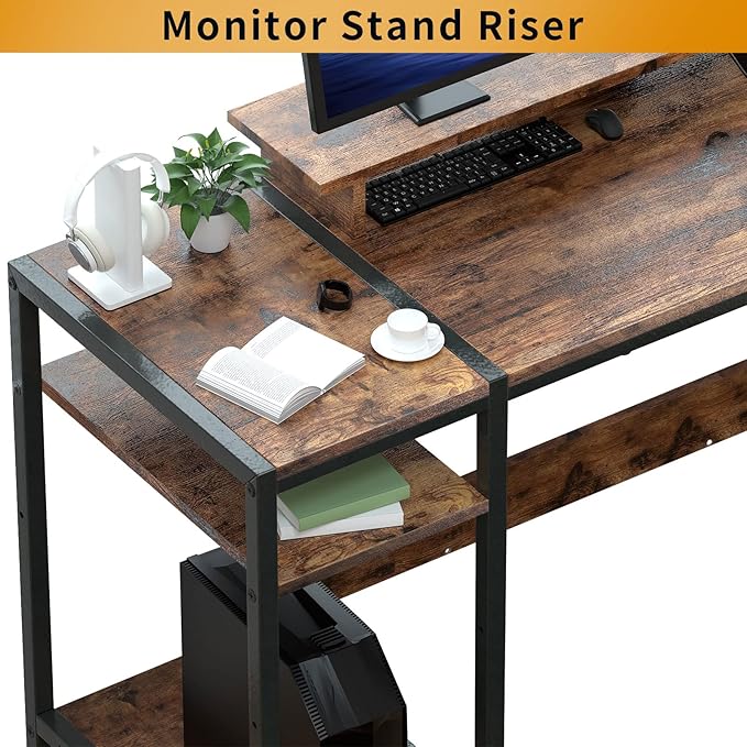 Gaming/Computer Desk - 47” Home Office Small Desk with Monitor Stand, Rustic Writing Desk for 2 Monitors, Adjustable Storage Space, Modern Design Corner Table. - LeafyLoom