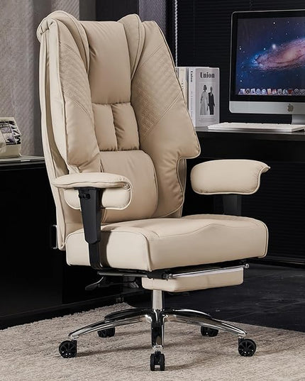Big and Tall Office Chair 400lbs Wide Seat, Leather High Back Executive Office Chair with Foot Rest, Ergonomic Office Chair Lumbar Support for Lower Back Pain Relief (Beige) - LeafyLoom