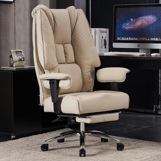 Big and Tall Office Chair 400lbs Wide Seat, Leather High Back Executive Office Chair with Foot Rest, Ergonomic Office Chair Lumbar Support for Lower Back Pain Relief (Beige) - LeafyLoom