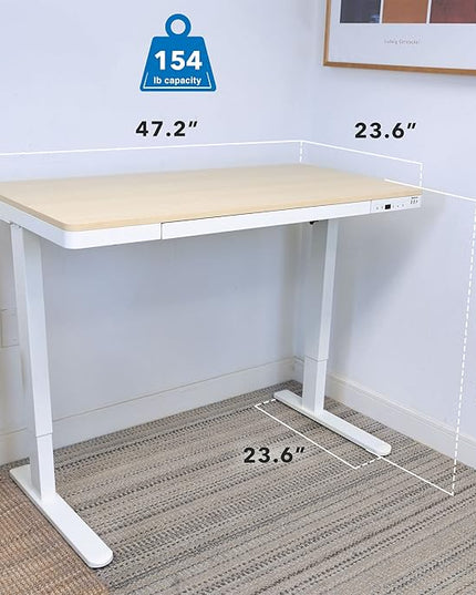 Mount-It! 47.2" Wide x 28.3" Deep Electric Height Adjustable Desk, Ergonomic Standing Workspace, Height Adjustment up to 46.5" Tall, Large Desktop, USB Ports, Drawer, Home Office, White, Maple Top - LeafyLoom