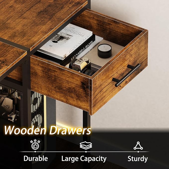 Computer Desk with Drawer and Power Outlets,55" Office Desk with Monitor Stand and Led Lights, Work Desk for Home Office,Sturdy Writing Desk with Shelves and 2 Headphone Hooks,Rustic Brown - LeafyLoom