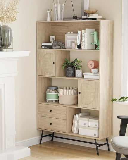 Soohow 4 Shelf Bookcase and Bookshelves with Drawer, 65” Tall Bookcases with Storage Shelves, Bookshelves and Bookcases with Rattan Cabinet and Metal Legs for Home Office, Living Room and Bedroom. - LeafyLoom