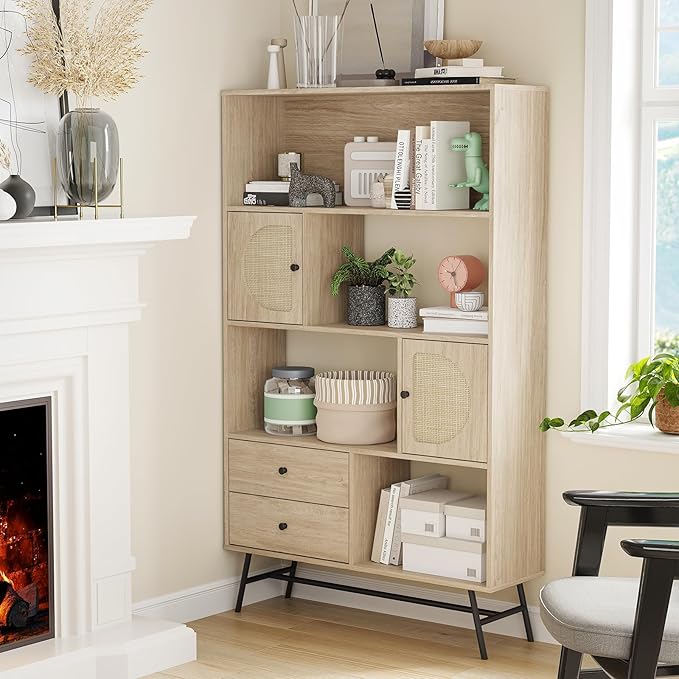 Soohow 4 Shelf Bookcase and Bookshelves with Drawer, 65” Tall Bookcases with Storage Shelves, Bookshelves and Bookcases with Rattan Cabinet and Metal Legs for Home Office, Living Room and Bedroom. - LeafyLoom