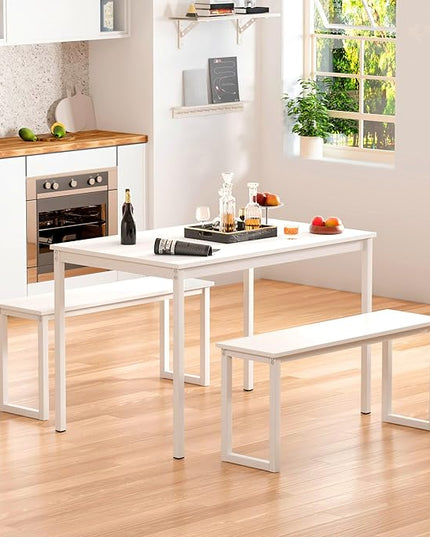 sogesfurniture Kitchen Table Set with 2 Benches, Dining Table Set for 4, 3 Piece Dining Room Set Industrial Style Furniture, Wooden Kitchen and Dining Set, Dining Table with Benches,White - LeafyLoom