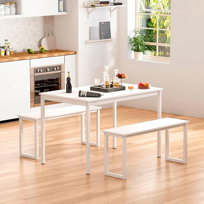 sogesfurniture Kitchen Table Set with 2 Benches, Dining Table Set for 4, 3 Piece Dining Room Set Industrial Style Furniture, Wooden Kitchen and Dining Set, Dining Table with Benches,White - LeafyLoom