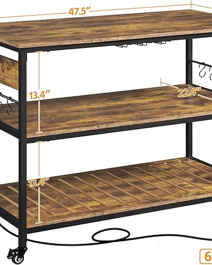Yaheetech Kitchen Island with Power Outlet, Rolling Kitchen Cart with Wine Rack & Glass Holder & Hooks, Coffee Bar Microwave Stand Wine Rack Table for Dining Room, 47.5" W x 24" D, Rustic Brown - LeafyLoom