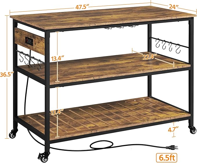 Yaheetech Kitchen Island with Power Outlet, Rolling Kitchen Cart with Wine Rack & Glass Holder & Hooks, Coffee Bar Microwave Stand Wine Rack Table for Dining Room, 47.5" W x 24" D, Rustic Brown - LeafyLoom