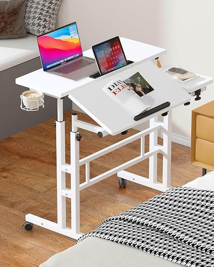 soges Mobile Laptop Sit-Stand Desk, Height Adjustable Standing Tiltable Top Desk, 31.5 inch Stand Up Computer Desk for Home Office, Small Rolling Desk with Cup Holder for Small Space, White - LeafyLoom