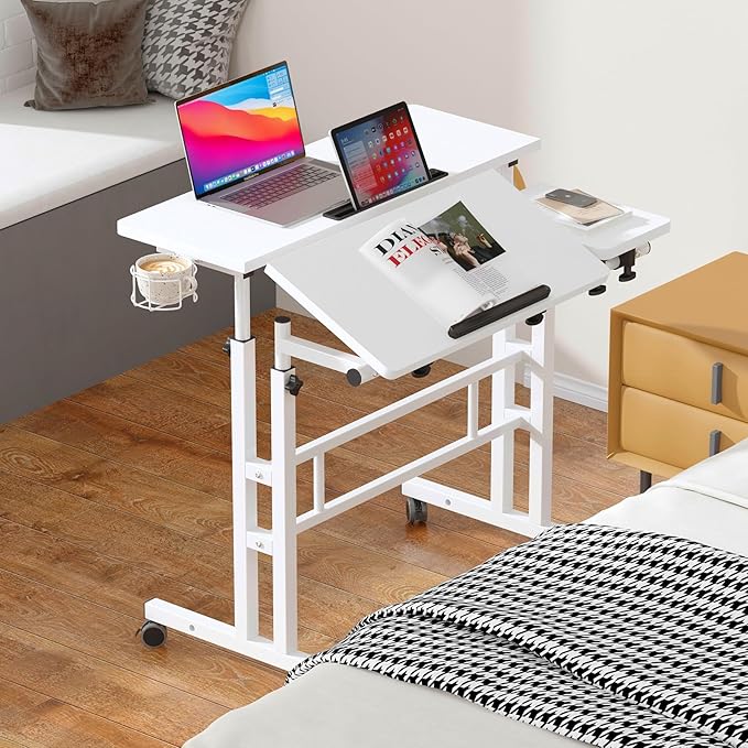 soges Mobile Laptop Sit-Stand Desk, Height Adjustable Standing Tiltable Top Desk, 31.5 inch Stand Up Computer Desk for Home Office, Small Rolling Desk with Cup Holder for Small Space, White - LeafyLoom