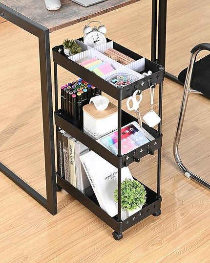 TOOLF Rolling Storage Cart, 3 Tier Utility Cart on Wheels, Bathroom Rolling Cart Organizer with Divider & Hooks, Mobile Shelving Unit Storage Cart for Laundry Kitchen Dorm, Matte Black - LeafyLoom