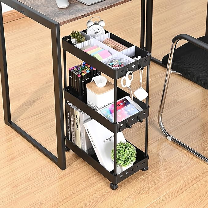 TOOLF Rolling Storage Cart, 3 Tier Utility Cart on Wheels, Bathroom Rolling Cart Organizer with Divider & Hooks, Mobile Shelving Unit Storage Cart for Laundry Kitchen Dorm, Matte Black - LeafyLoom