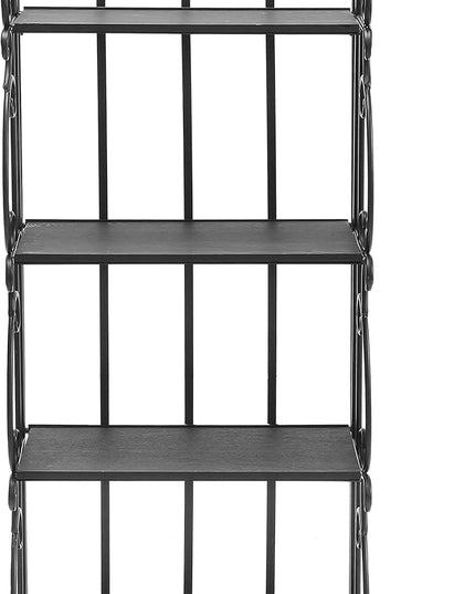 MyGift Black Metal Freestanding Shelf Rack, Decorative Bakers Rack Bookshelf Storage Shelf Unit with Metal Scrollwork Frame, Indoor Plant Pot Display Stand with 4 Wood Shelves - LeafyLoom