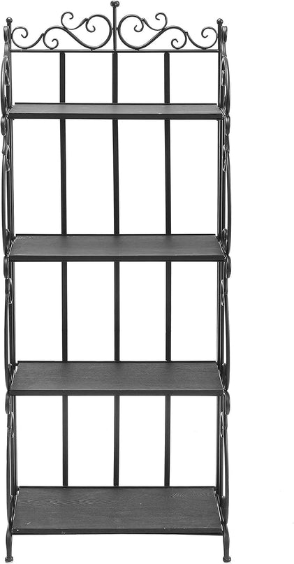 MyGift Black Metal Freestanding Shelf Rack, Decorative Bakers Rack Bookshelf Storage Shelf Unit with Metal Scrollwork Frame, Indoor Plant Pot Display Stand with 4 Wood Shelves - LeafyLoom