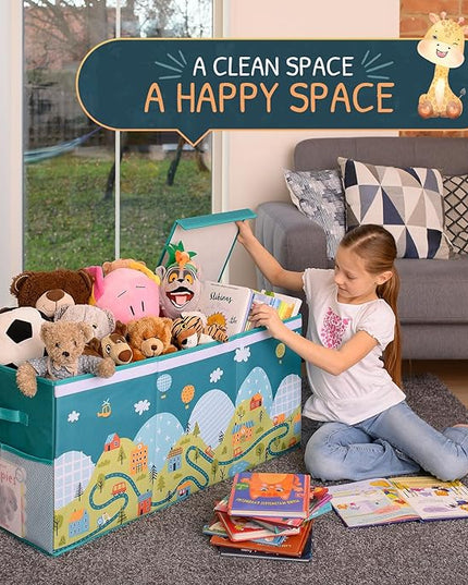 Extra Large Toy Storage Organizer with Lid - Sturdy, Collapsible Toy Chest Storage Box with Cute Design - Toys Bin with Dividers for Kids, Boys, Girls, Nursery, Bedroom, Play room 37"x16"x14" - LeafyLoom