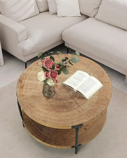 Round Boho Wood Coffee Table - 29.1" Farmhouse Natural Circle Wooden 2-Tier Coffee Tables Living Room Furniture, Natural Wood Color, 29.1" D x 18.3" H - LeafyLoom