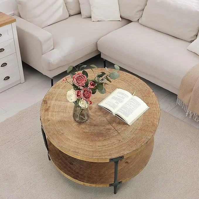 Round Boho Wood Coffee Table - 29.1" Farmhouse Natural Circle Wooden 2-Tier Coffee Tables Living Room Furniture, Natural Wood Color, 29.1" D x 18.3" H - LeafyLoom