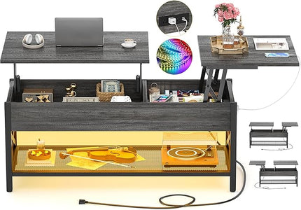 Coffee Table, Lift Top Coffee Table with Storage, LED Light & Power Outlet and Hidden Compartment, Retro Center Table for Living Room, X Support Wood Tabletop, Metal Frame, Black Oak - LeafyLoom