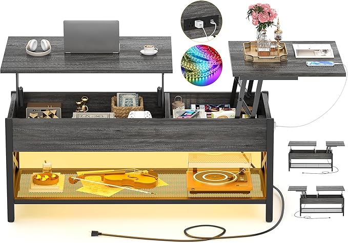 Coffee Table, Lift Top Coffee Table with Storage, LED Light & Power Outlet and Hidden Compartment, Retro Center Table for Living Room, X Support Wood Tabletop, Metal Frame, Black Oak - LeafyLoom