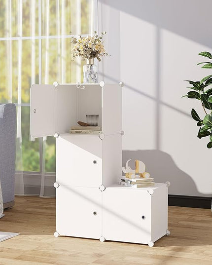 C&AHOME Cube Storage Organizer with Doors, 4-Cube Shelves, Closet Cabinet, DIY Plastic Modular Bookshelf Ideal for Bedroom, Living Room, 24.8" L x 12.4" W x 24.8" H Milky USHS04M-DOOR - LeafyLoom